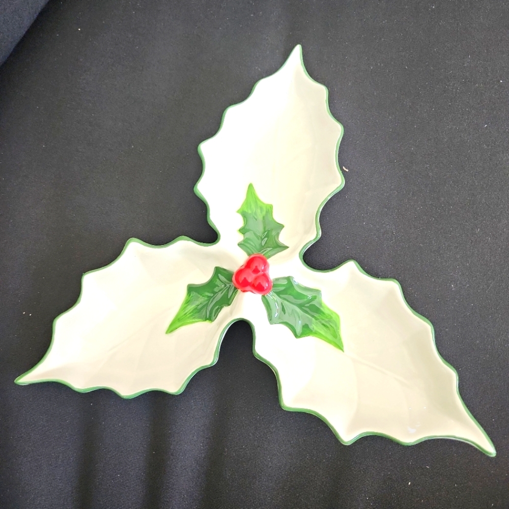 Christmas Holly Snack Dish Divided x 3 White Ceramic Green Red Berries Nut Candy